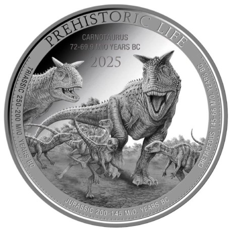 Carnotaurus (Vida Prehistórica) 2025 - 1 Oz - Moneda de Plata de Inversión