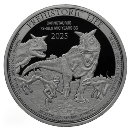Carnotaurus (Vida Prehistórica) 2025 - 1 Oz - Moneda de Plata de Inversión