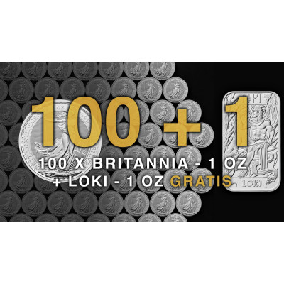 100+1 - 100 Britannia (2026) - 1 Oz - moneda de plata de inversión + LOKI 1 Oz - lingote de plata